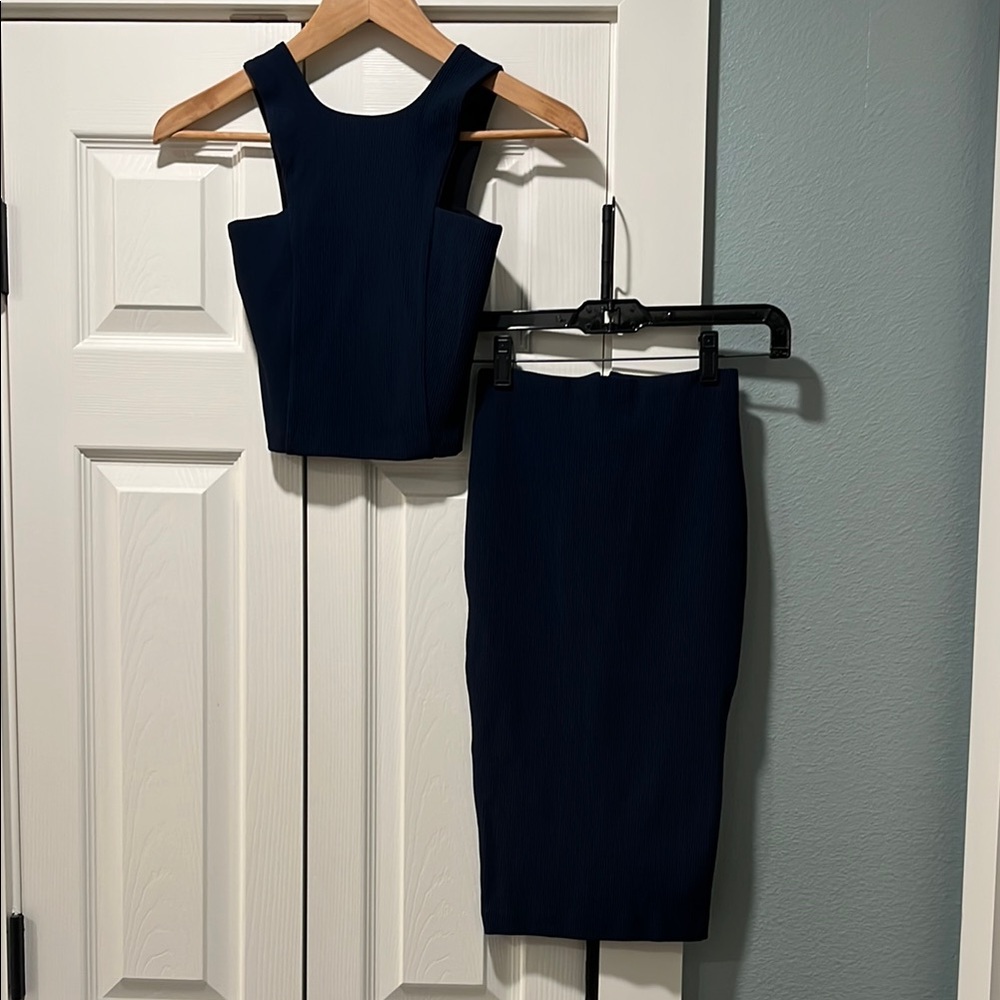 Revolve Nadia Tarr Navy Ribbed Crop Top & Pencil Skirt Set